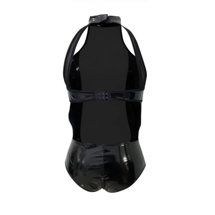 Exotic form-fitting patent leather bodysuit-corset