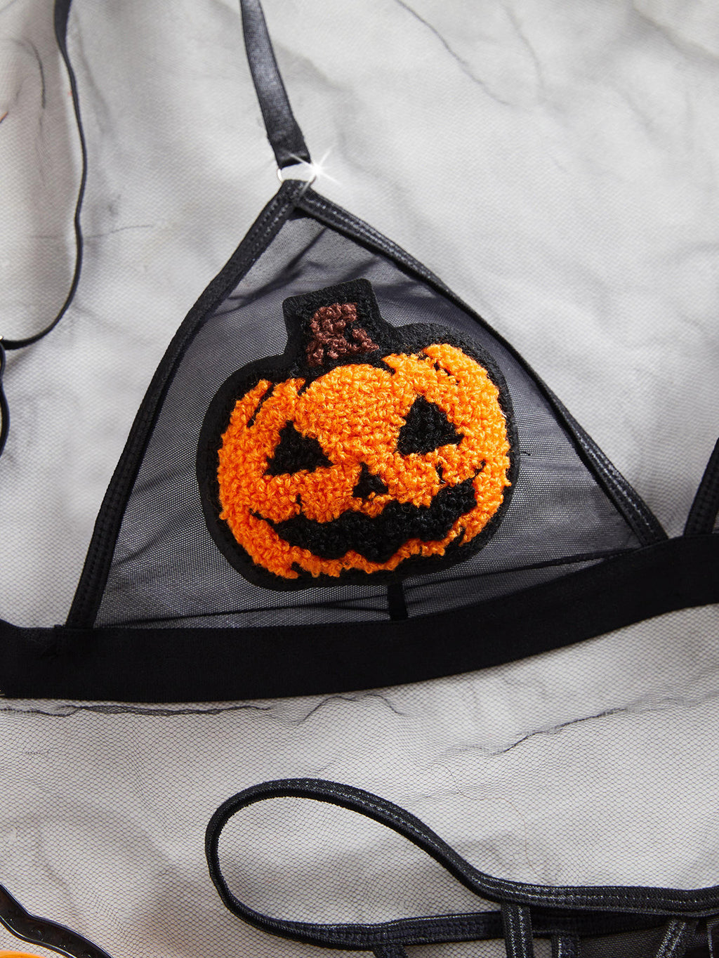 Women Sexy Pumpkin Bikini Anime Devil Cosplay Costume Halloween Lingerie Goth Harness Bra and Panty Set