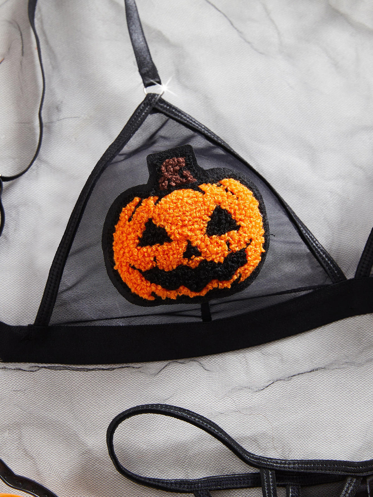 Women Sexy Pumpkin Bikini Anime Devil Cosplay Costume Halloween Lingerie Goth Harness Bra and Panty Set
