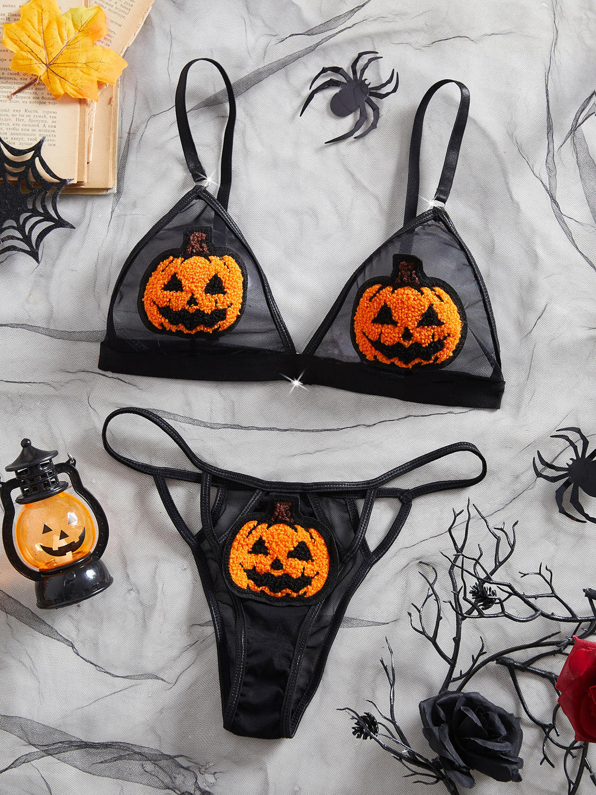 Women Sexy Pumpkin Bikini Anime Devil Cosplay Costume Halloween Lingerie Goth Harness Bra and Panty Set