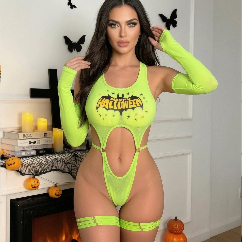 Women's Halloween lingerie set: fluorescent green bodysuit with a bat print and lettering.