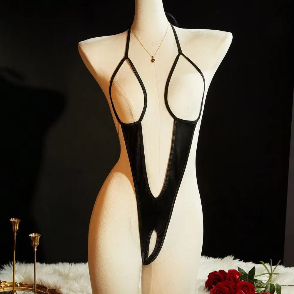 Leather Crotchless Nightwear Bodysuit Women Ladies Open Bust Sexy Mature Lingerie Jumpsuit