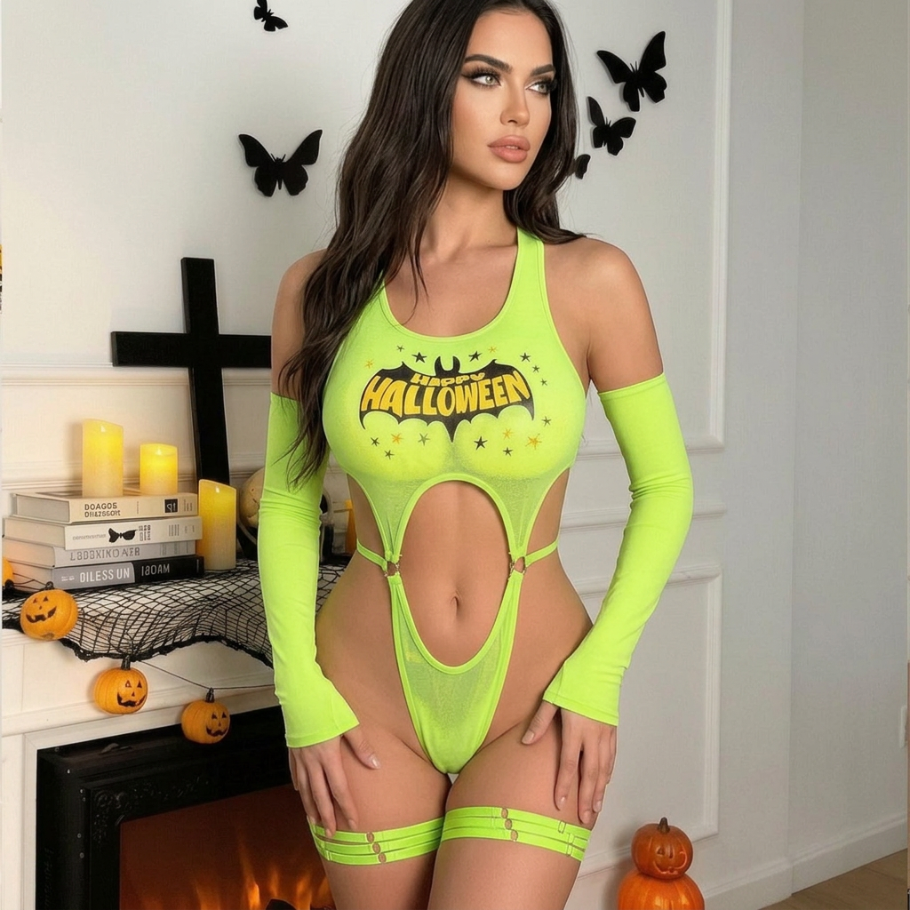 Women's Halloween lingerie set: fluorescent green bodysuit with a bat print and lettering.