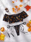 New Fashion Sexy Lingerie Role Play Halloween Costume Pumpkin Print Off-Shoulder Top Lingerie Sets