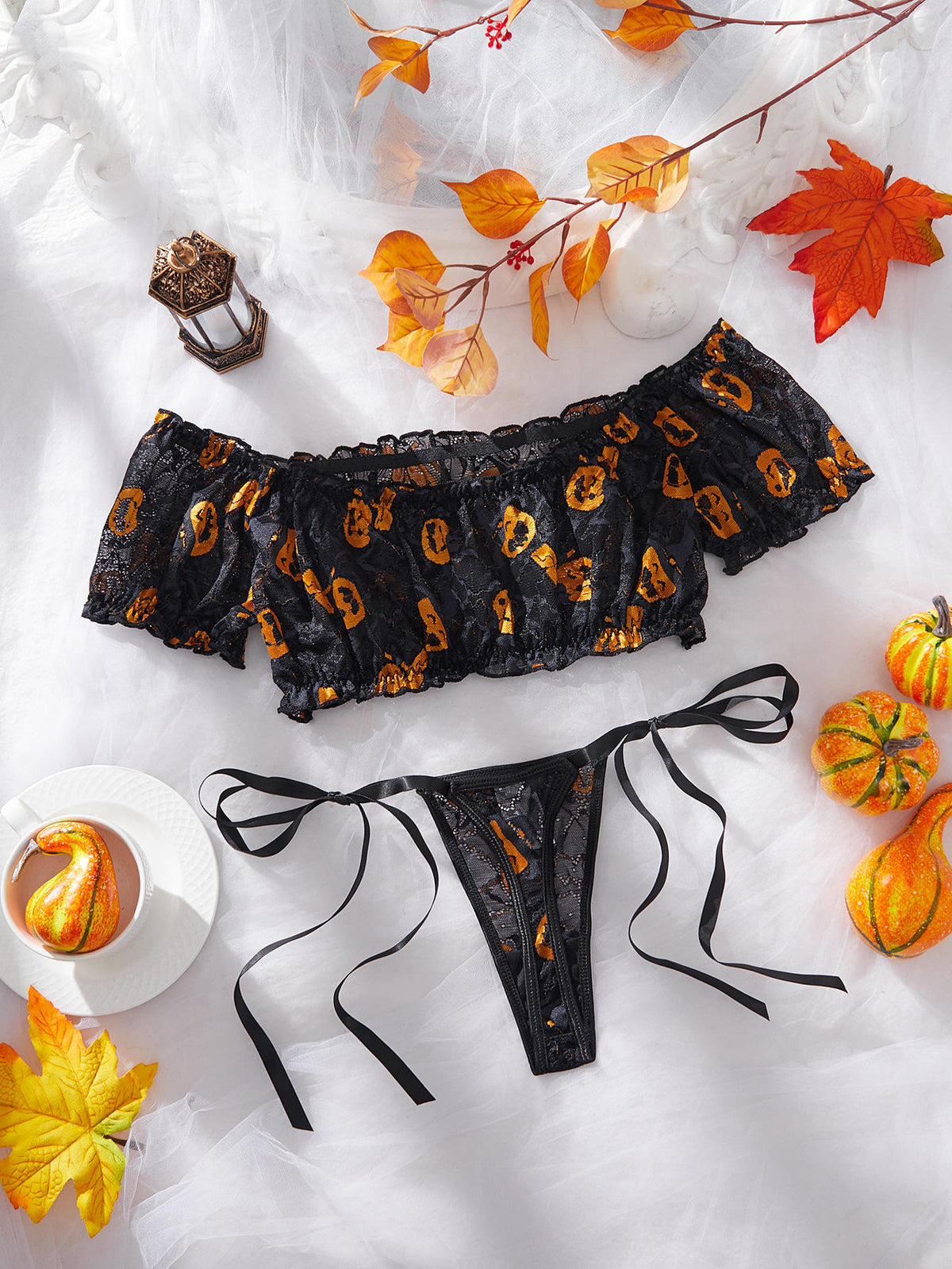 New Fashion Sexy Lingerie Role Play Halloween Costume Pumpkin Print Off-Shoulder Top Lingerie Sets