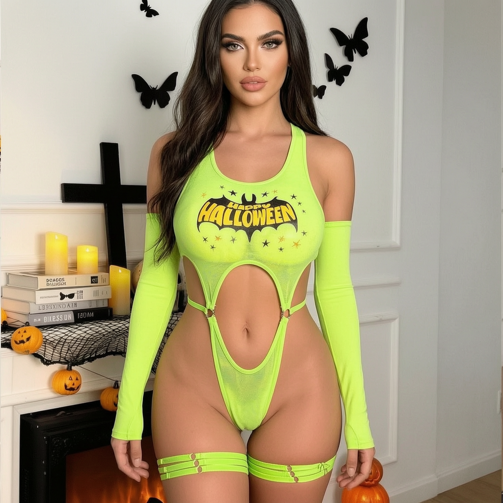 Women's Halloween lingerie set: fluorescent green bodysuit with a bat print and lettering.