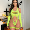 Women's Halloween lingerie set: fluorescent green bodysuit with a bat print and lettering.