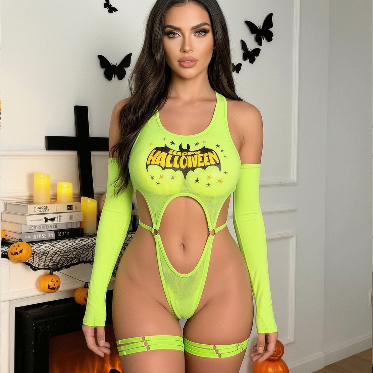 Women's Halloween lingerie set: fluorescent green bodysuit with a bat print and lettering.