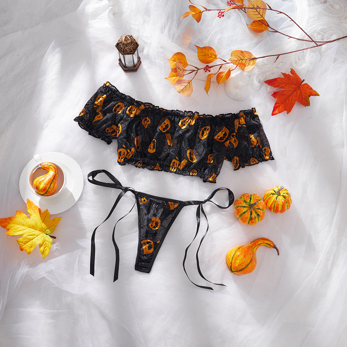 New Fashion Sexy Lingerie Role Play Halloween Costume Pumpkin Print Off-Shoulder Top Lingerie Sets