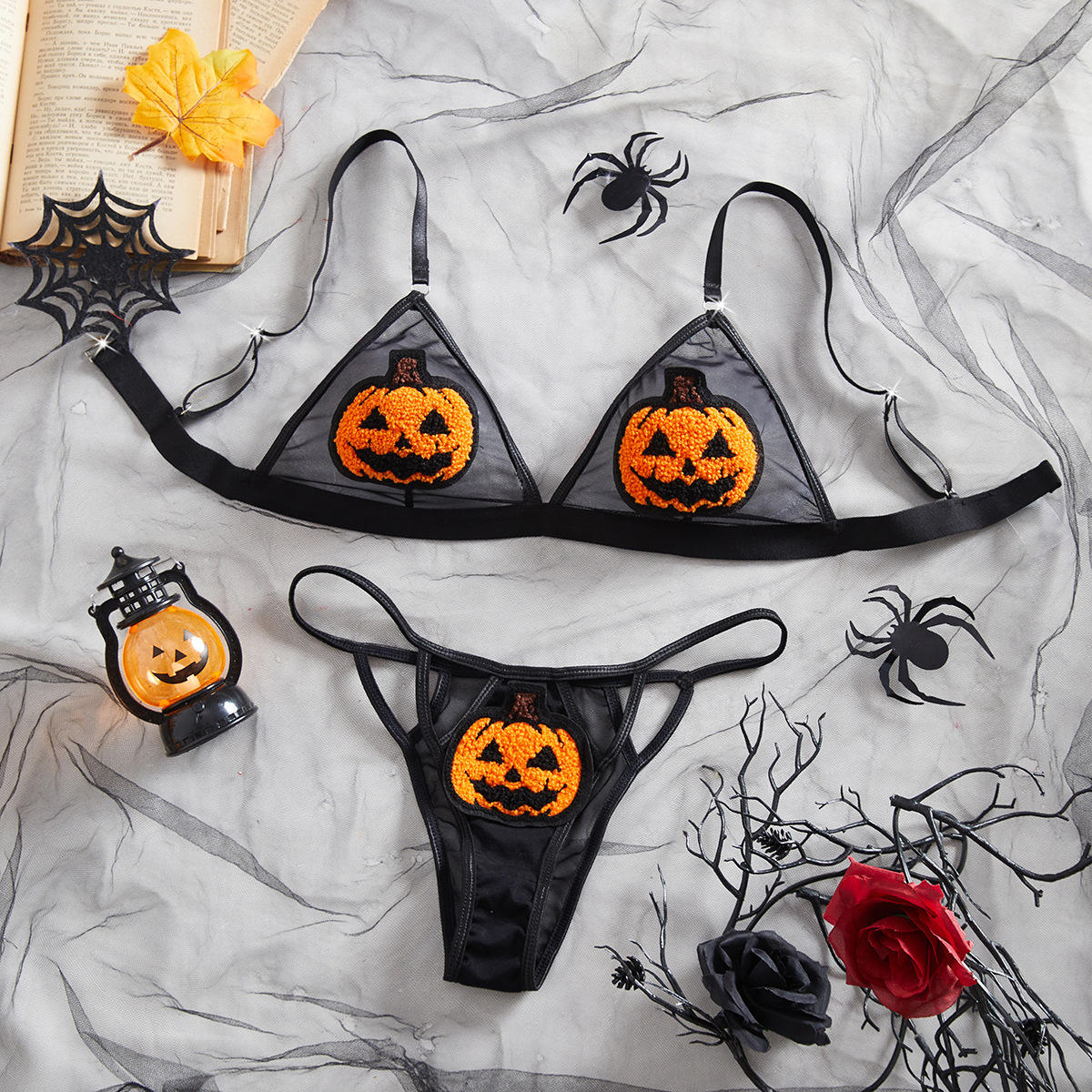 Women Sexy Pumpkin Bikini Anime Devil Cosplay Costume Halloween Lingerie Goth Harness Bra and Panty Set