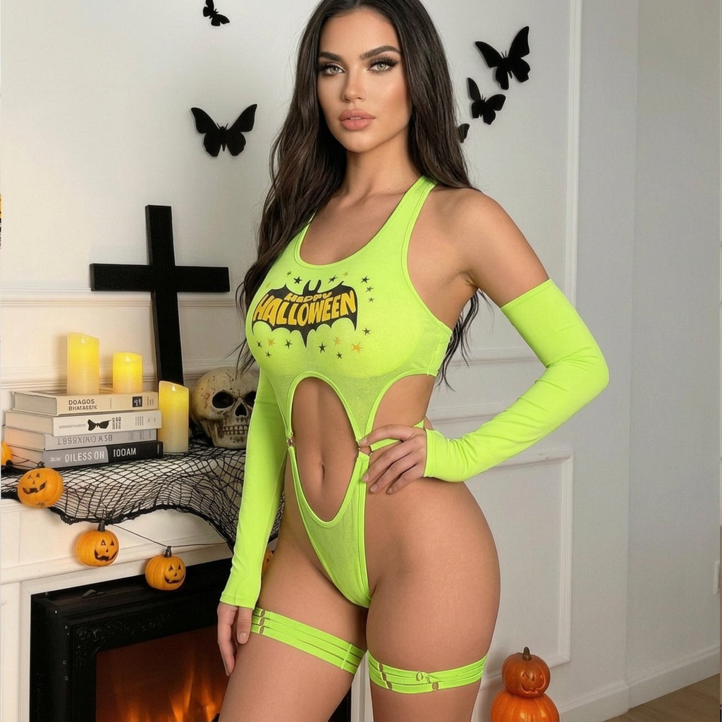Women's Halloween lingerie set: fluorescent green bodysuit with a bat print and lettering.