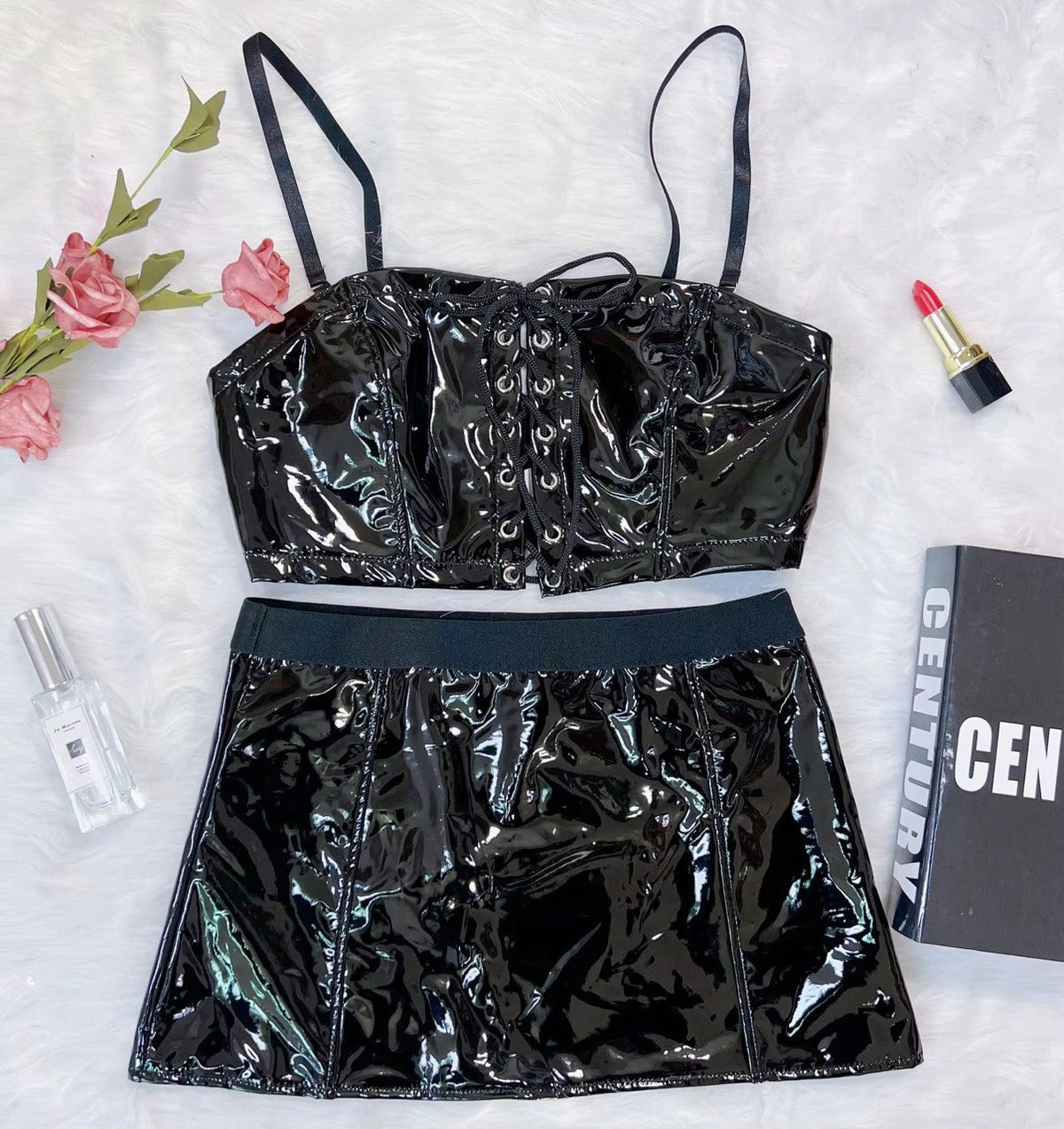 Open-back leather top and mini skirt, sexy club party set